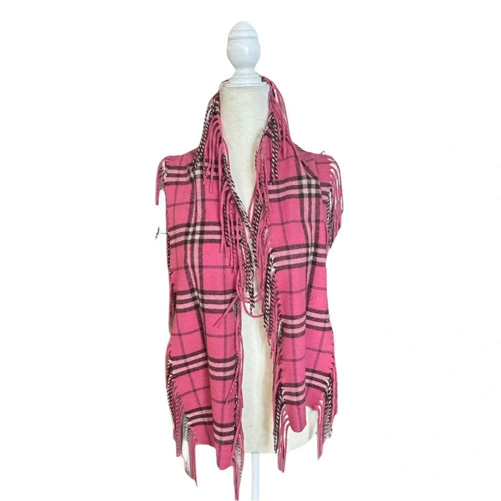 Burberry 100% cashmere authentic happy double fringe hot pink plaid scarf vintag
